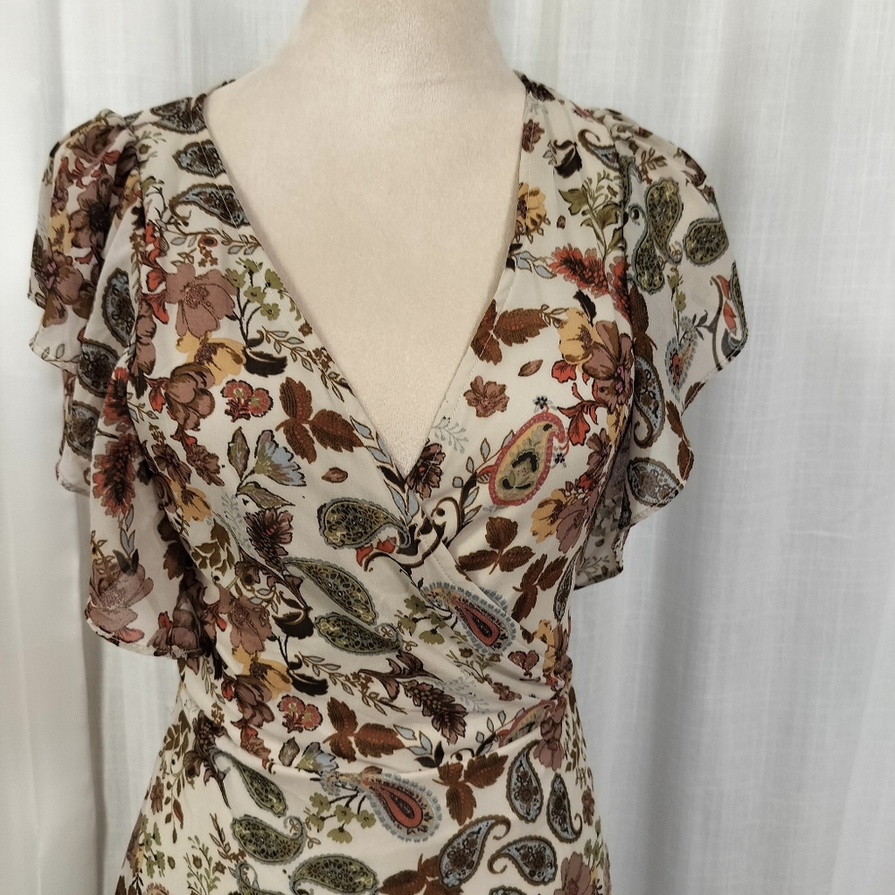 Antropologie Drew Brown Paisley Floral Wrap Dress Size M Flutter‎ Sleeves Hi Lo - Picture 2 of 16